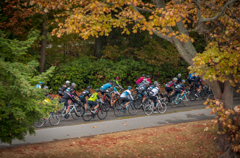 Cyclists doing the GranFondo pass under the oranges of the early fall trees in Vancouver.
