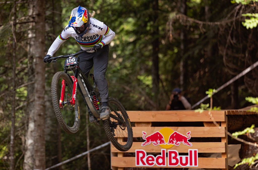 A rider comes off a jump during the Red Bull Joy Ride event at Crankworx Whistler.