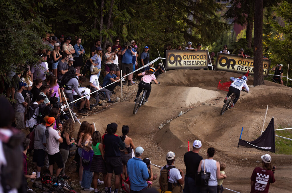 Two riders battle it out during the DS event at Crankworx Whistler.