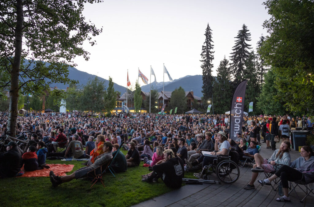 A shot of the crowd at Crankworx Whistler watching the videos at the Dirt Diaries Event.