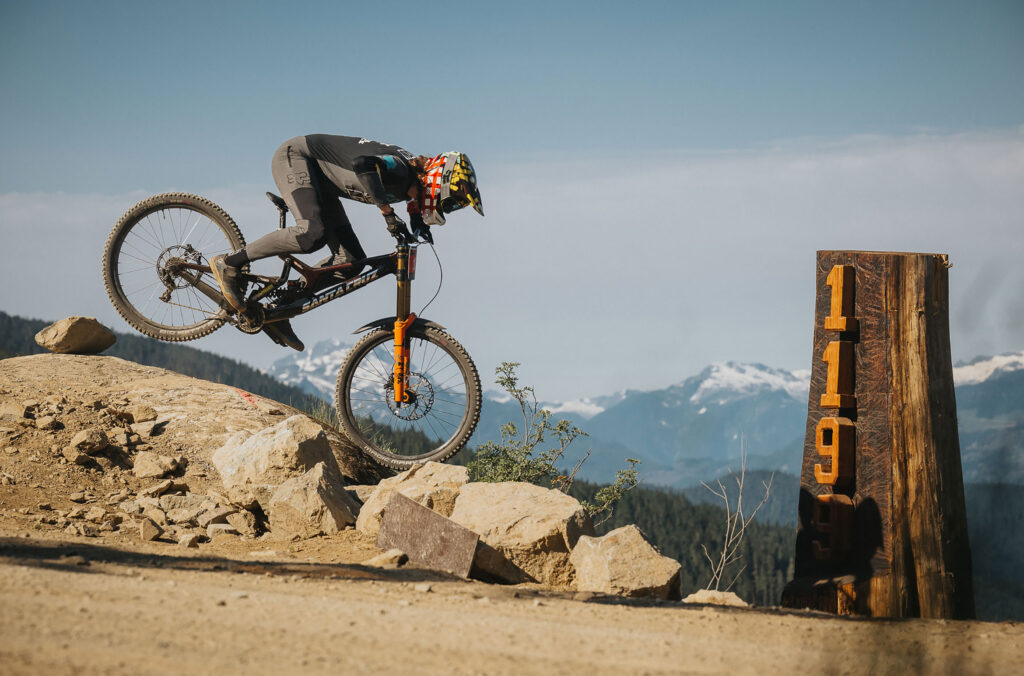 A racer makes their way down the trail in the Downhill competition at Crankworx Whistler.