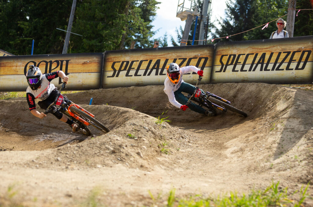 Two bike athletes compete in the dual slalom, part of Crankworx Whistler.