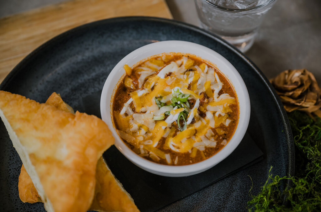 A shot of the venison chili with a side of bannock bread served at the Thunderbird Cafe at the SLCC.