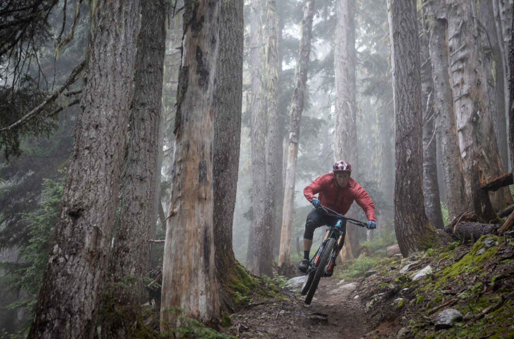 A mountain bike rider tackles the forested trails of LESS in Whistler.