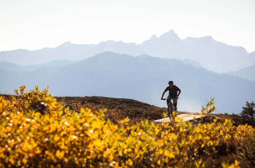 A mountain biker takes in the high alpine views on the Sproatt trail network in Whistler.