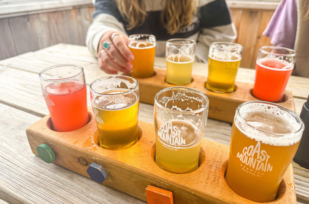 Two flights of beers sit on a table at Coast Mountain Brewing.