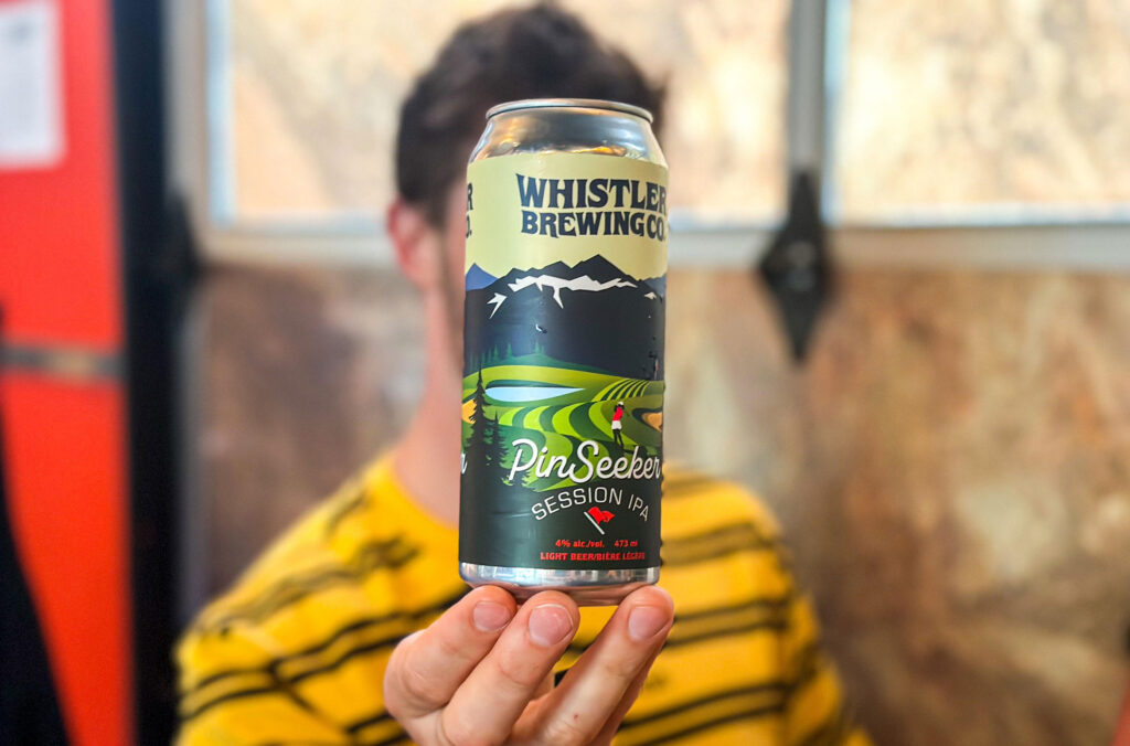 A shot of a can of PinSeeker beer by Whistler Brewing.