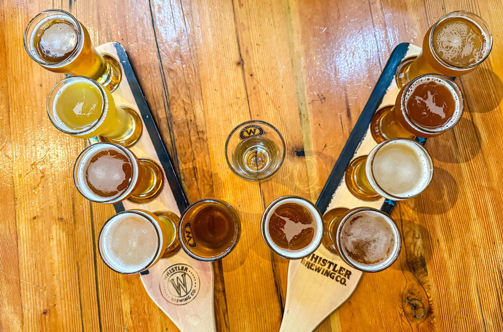 Two beer flights shot from above at Whistler Brewing.