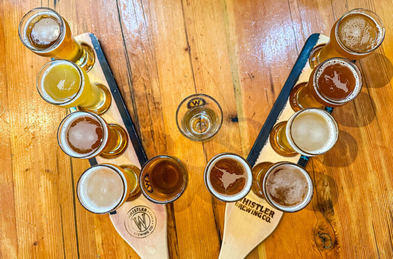 Two beer flights shot from above at Whistler Brewing.