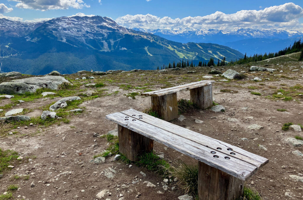 One of the picnic areas on Blackcomb Mountain. The photo shows simple, wooden benches with an incredible view of the Coast Mountains.