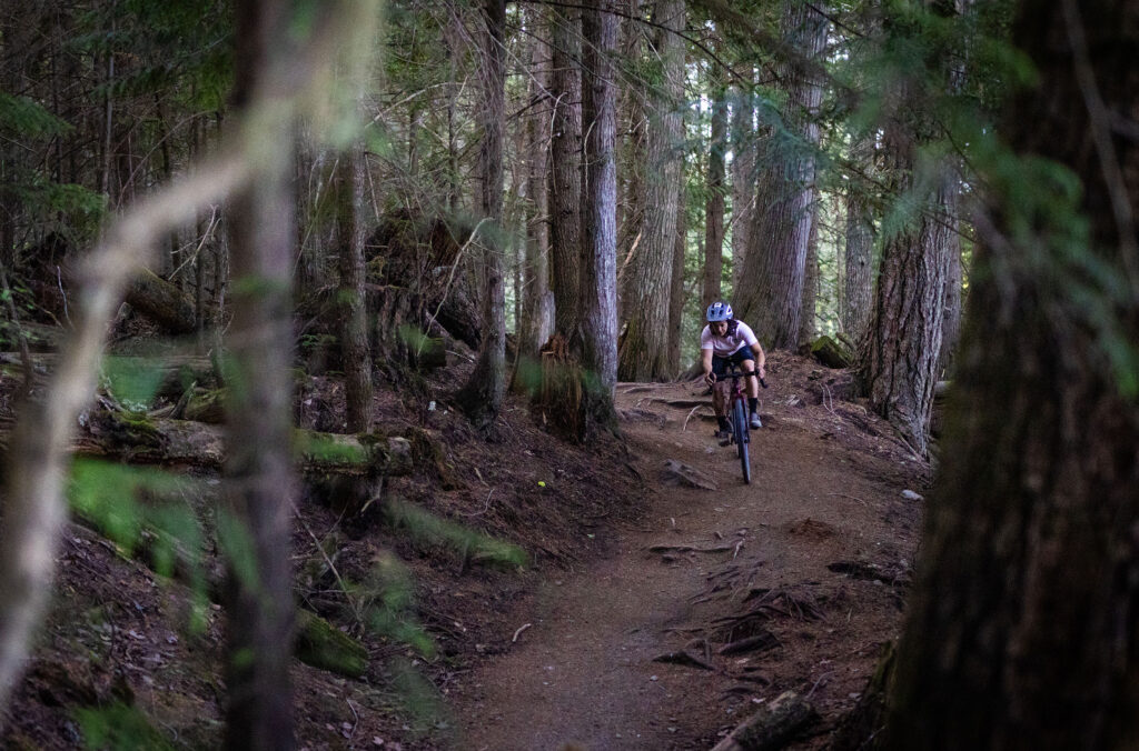 A gravel biker makes their way down the trails at Lost Lake Park in Whistler.