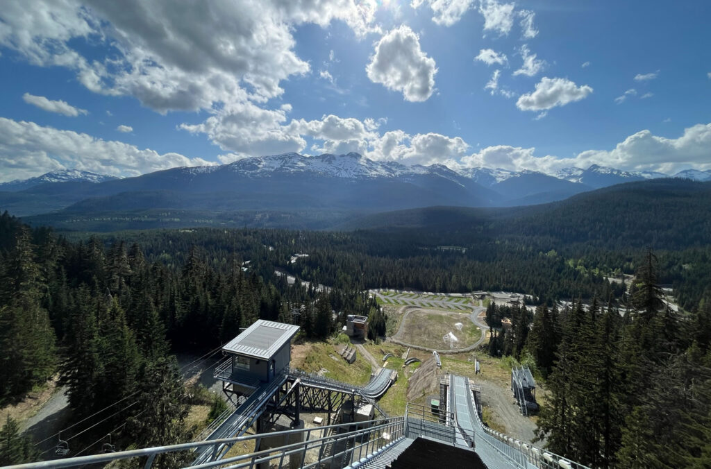 The view out over the Coast Mountains from the ski jump at Whistler Olympic Park.