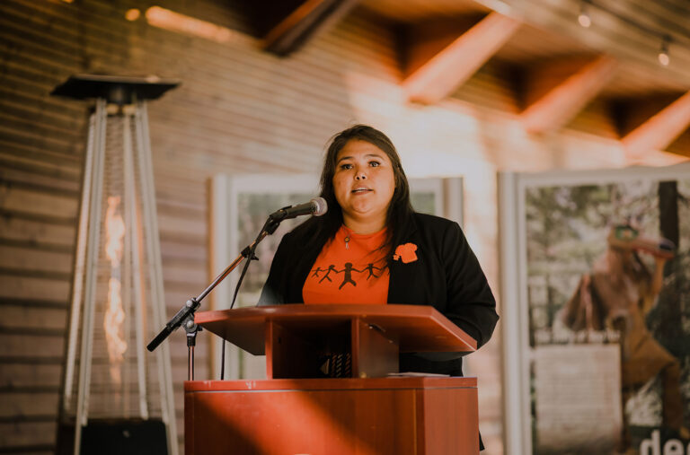Georgina Dan talking on National Truth and Reconciliation Day at the Squamish Lil'wat Cultural Centre.