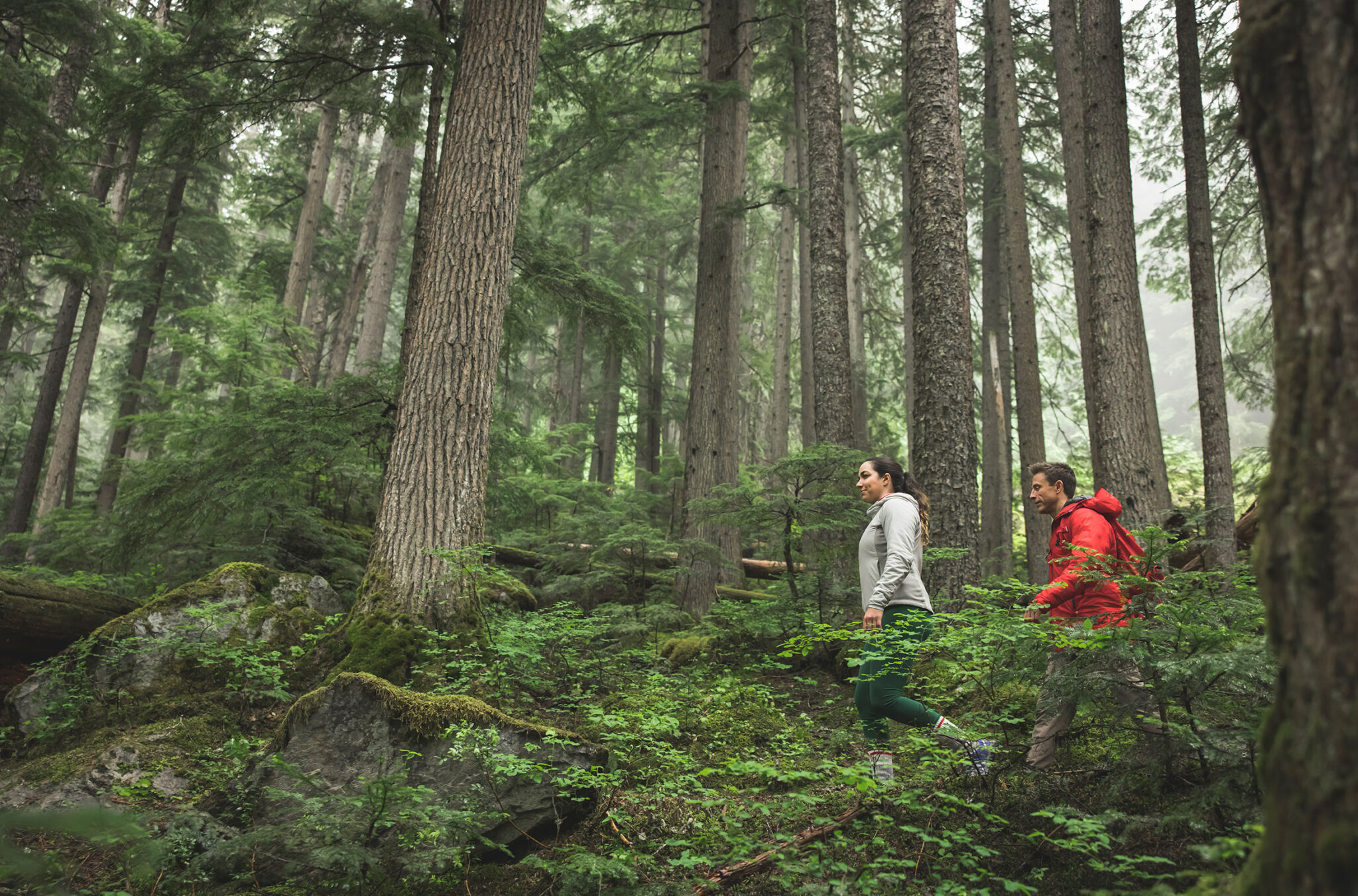 A couple hike in Whistler's lush temperate rainforest in the fall.