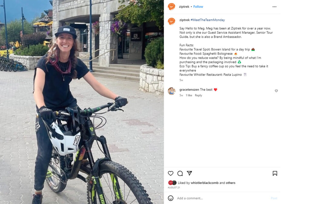 An Instagram post of Ziptrek's highlighting one of their team, Meg who mentions how she reduces waste by bringing a fancy coffee cup to work.