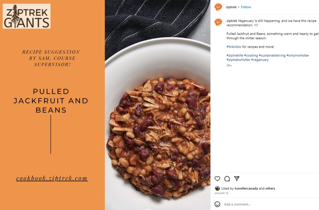 One of Ziptrek's Instagram posts highlighting a vegan recipe.