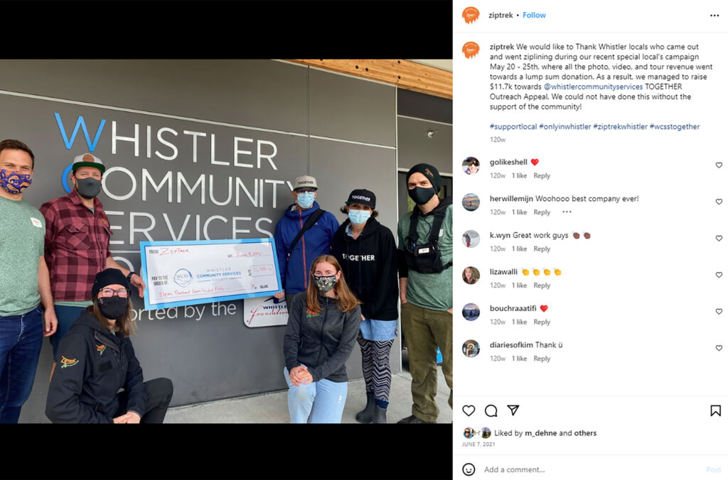 An Instagram shot of the Ziptrek team giving a donation cheque to Whistler Community Services Society.