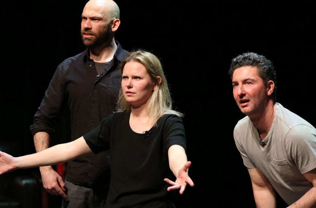 The three comedians of the Laugh Out Live team pose questions to the audience and look a bit stumped at the responses.