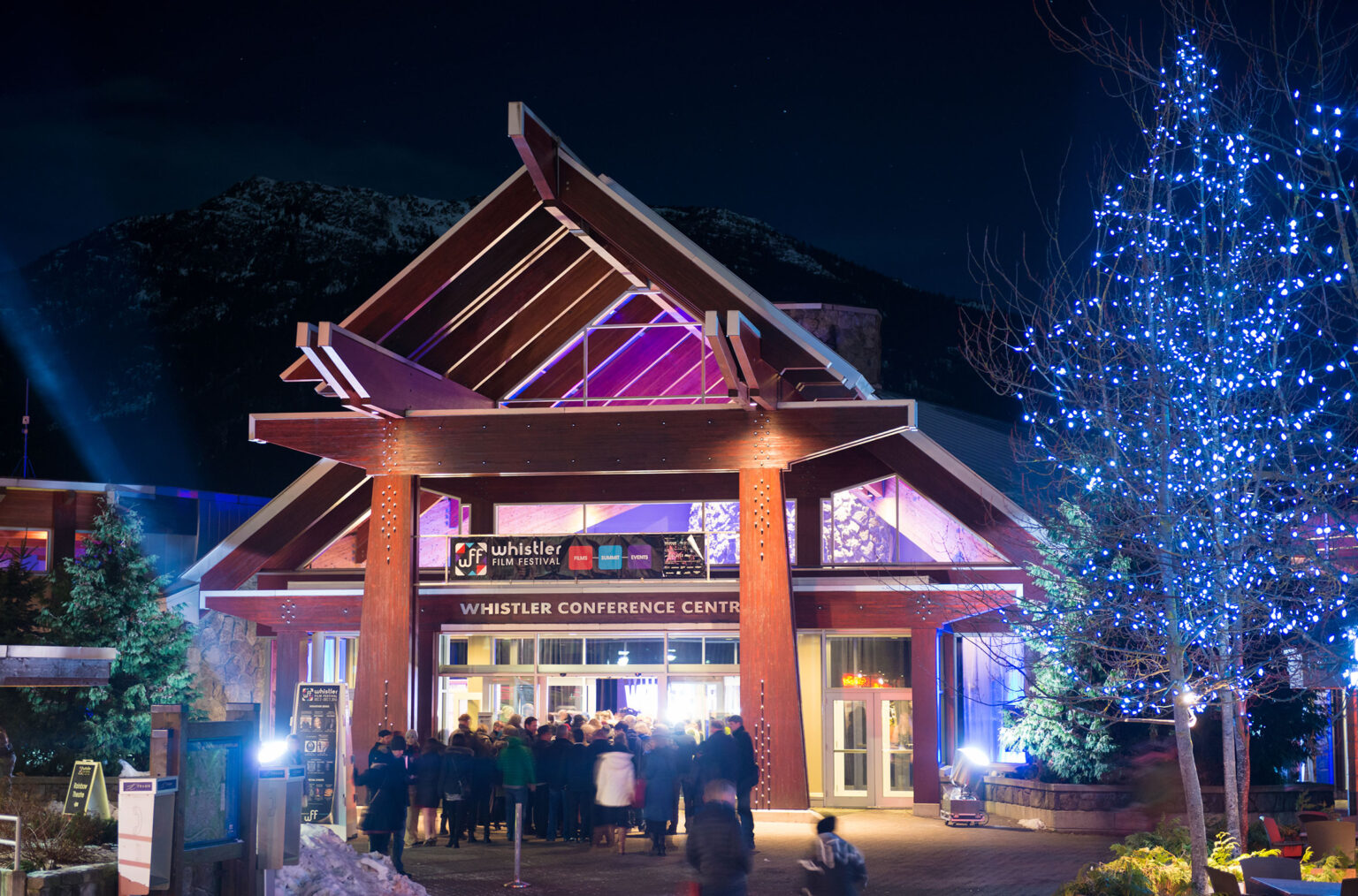The Whistler Conference Centre lit up with lights during the Whistler Film Festival.