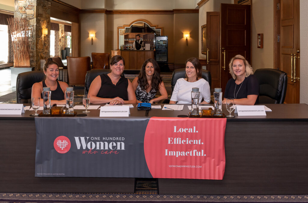 A photo of five of the members sitting at the event desk at a meeting.