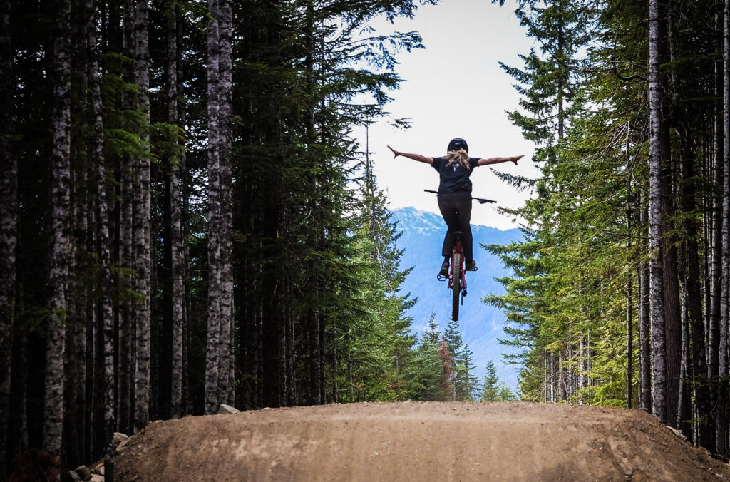 Mountain bike rider Hailey Elise gets some air in the Whistler Mountain Bike Park.