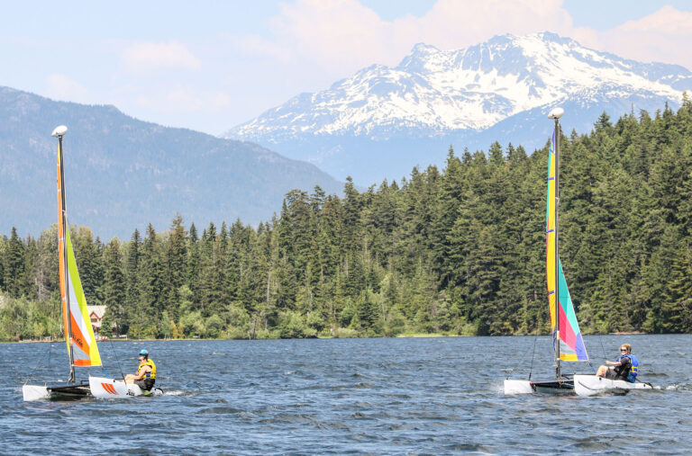 Two sail boats race across the waters of Alta Lake in Whistler.
