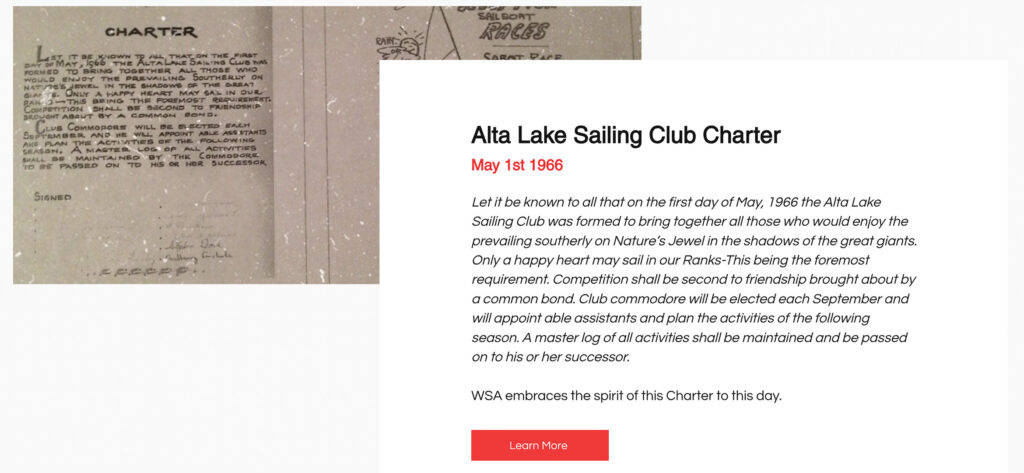 A screenshot of the about us page on the Whistler Sailing Association webpage.