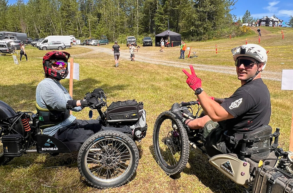 Sean Marihugh and Cole Bernier from Bowhead Corp at the Evergreen Mountain Bike Festival in Washington State, both in Bowhead Reach adaptive mountain bikes.