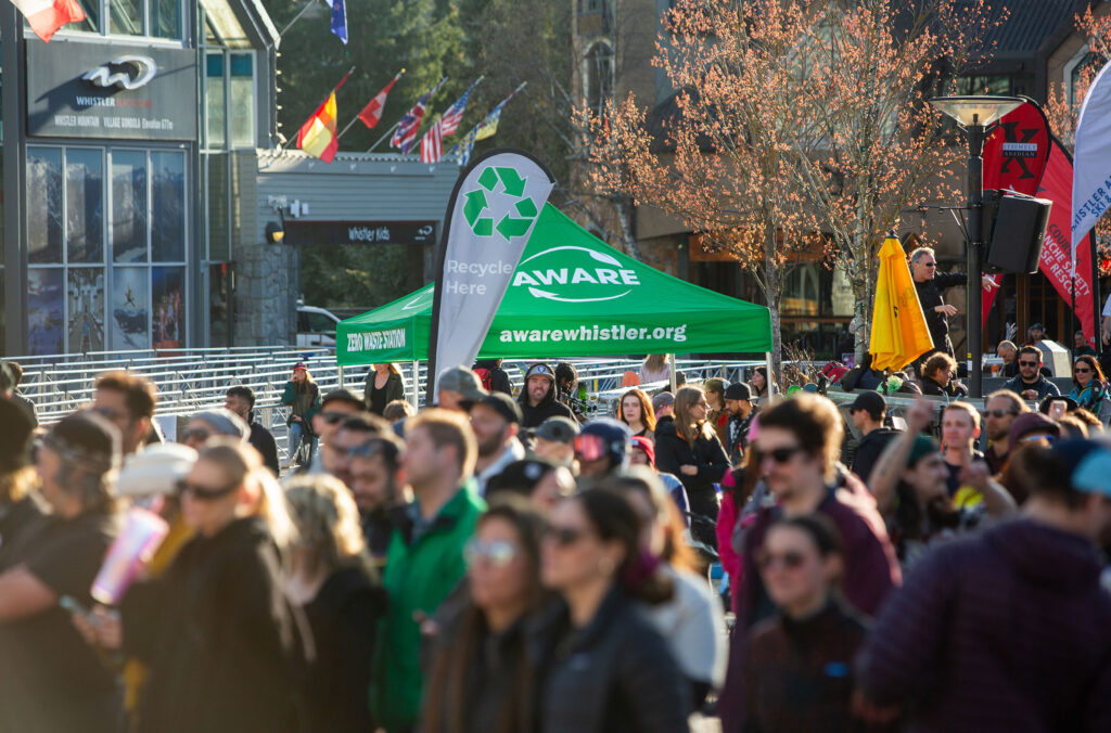 A photo of the AWARE Waste Hero recycling tent at the Whistler Ski and Snowboard Festival.