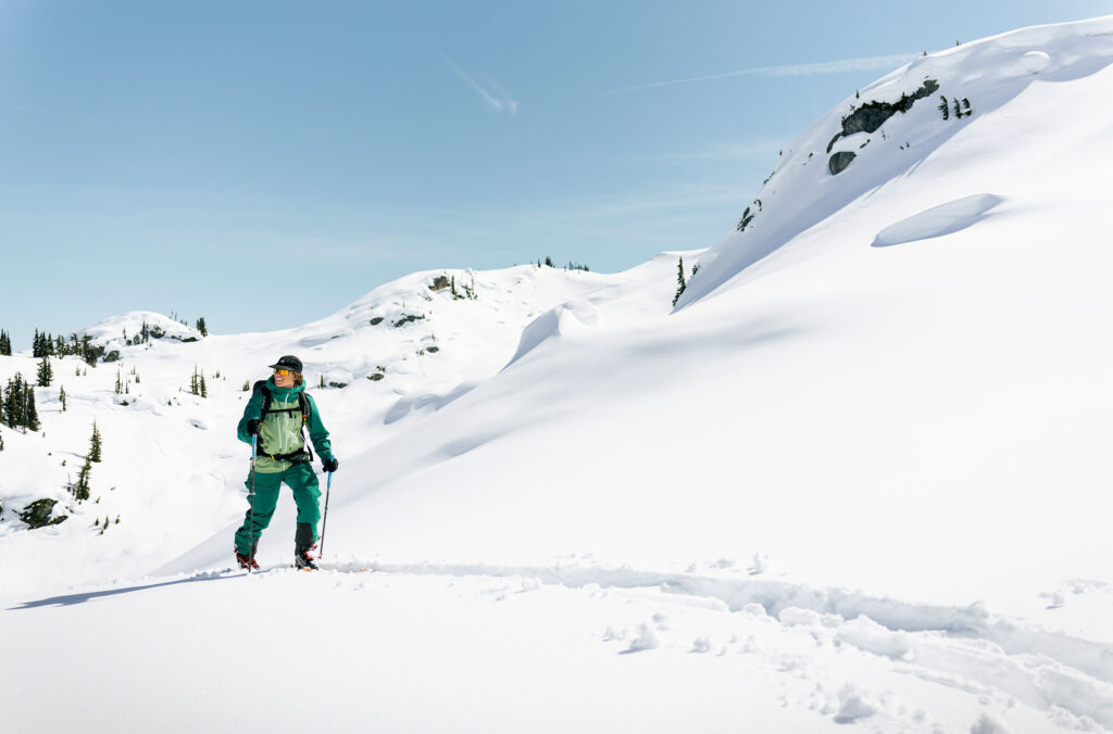 A backcountry skier skins up tracks in the Callaghan Valley in Whistler.