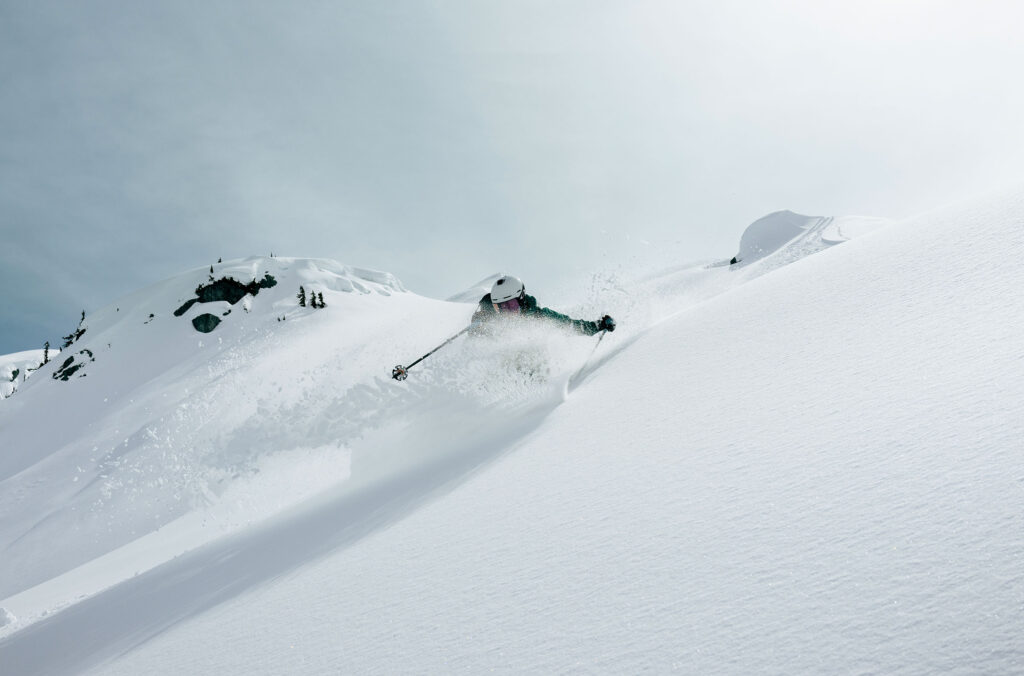 A backcountry skier makes their way through fresh powder in the Callaghan Valley in Whistler.