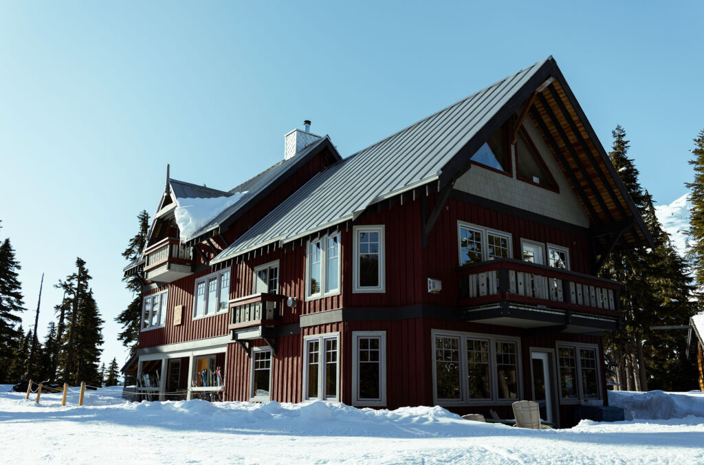 The Journeyman Lodge sits in the snow in its backcountry locale in the Callaghan Valley, Whistler.