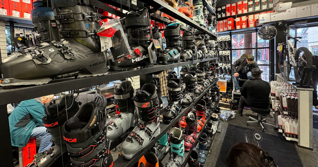 Rows of ski boots at the Fanatyk Co. store in Whistler.