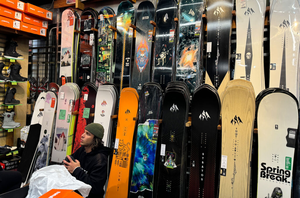 A row of the latest snowboards at Evolution in Whistler.