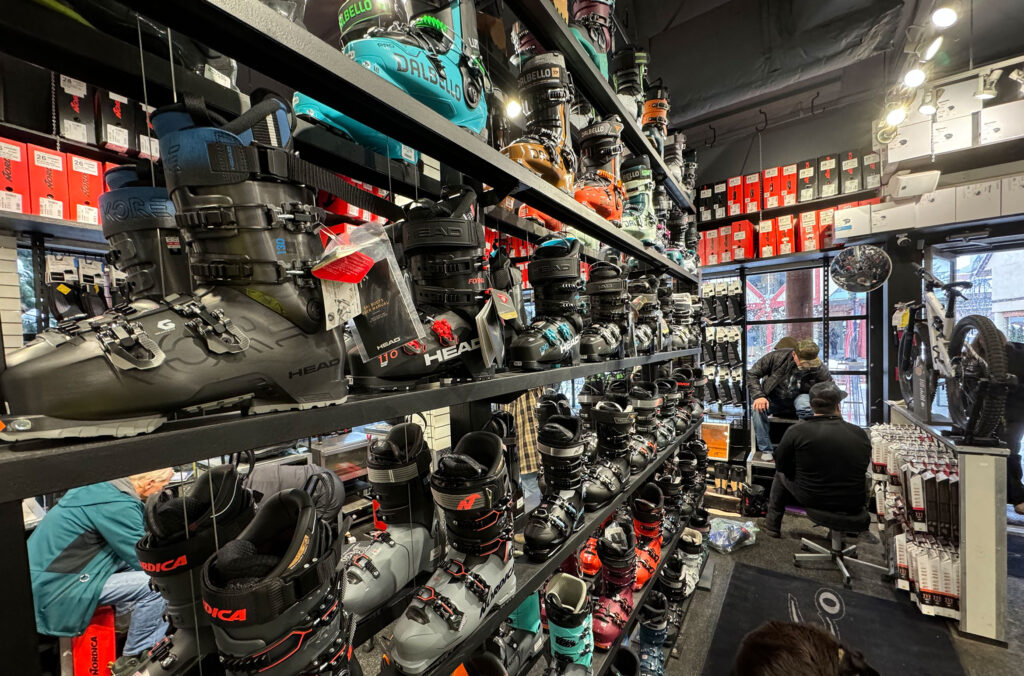 Rows of ski boots at the Fanatyk Co. store in Whistler.