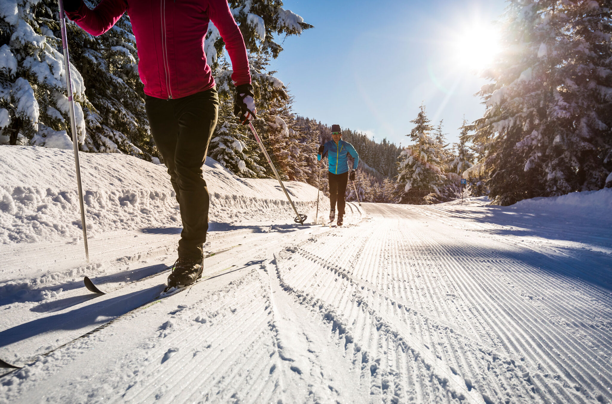 Two people cross-country ski in the sunshine at Whistler Olympic Park.