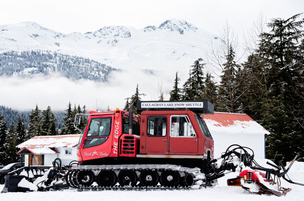 The Callaghan's red snowcat sits ready to take cross-country skiers up to the trails.