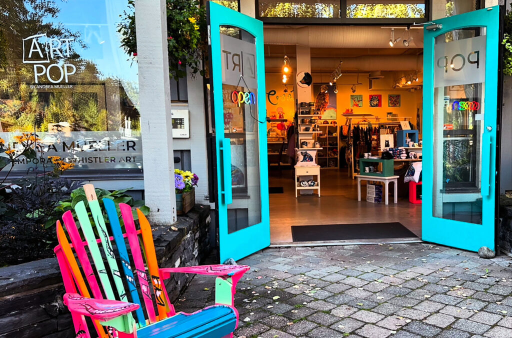 The colourful outside of Andrea Mueller's ART POP in Whistler Creekside.