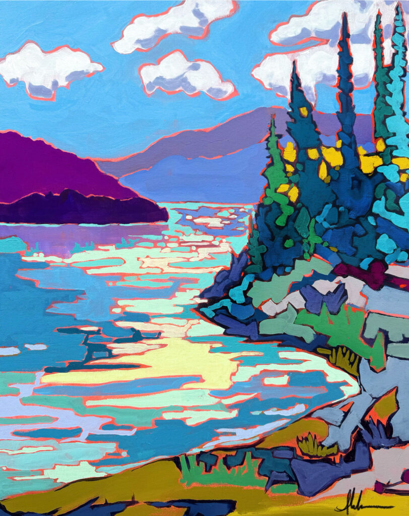 One of Andrea Mueller's landscape paintings showing the coastline meeting the mountains in bright colours.