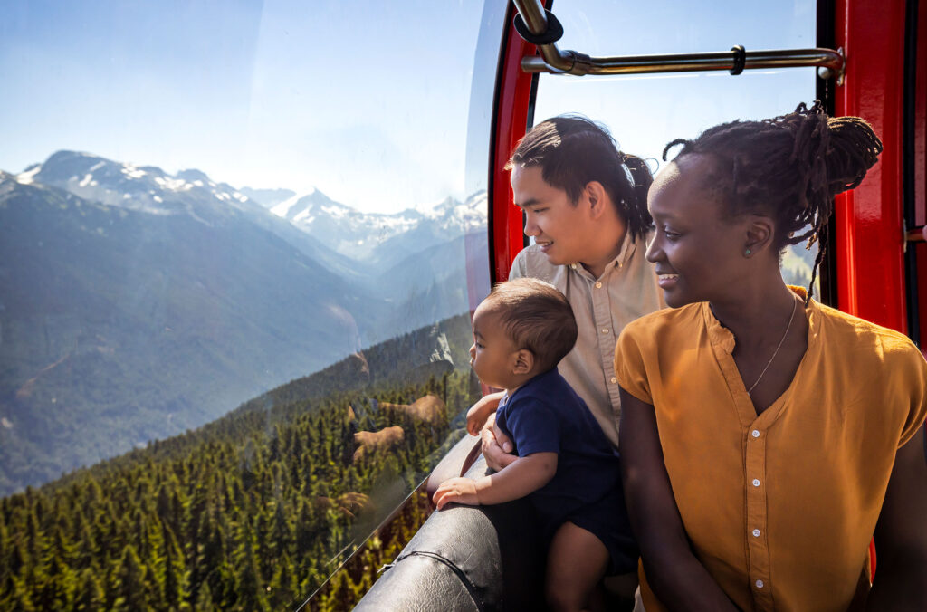 A family enjoy the 360 degree views from the PEAK 2 PEAK Gondola.