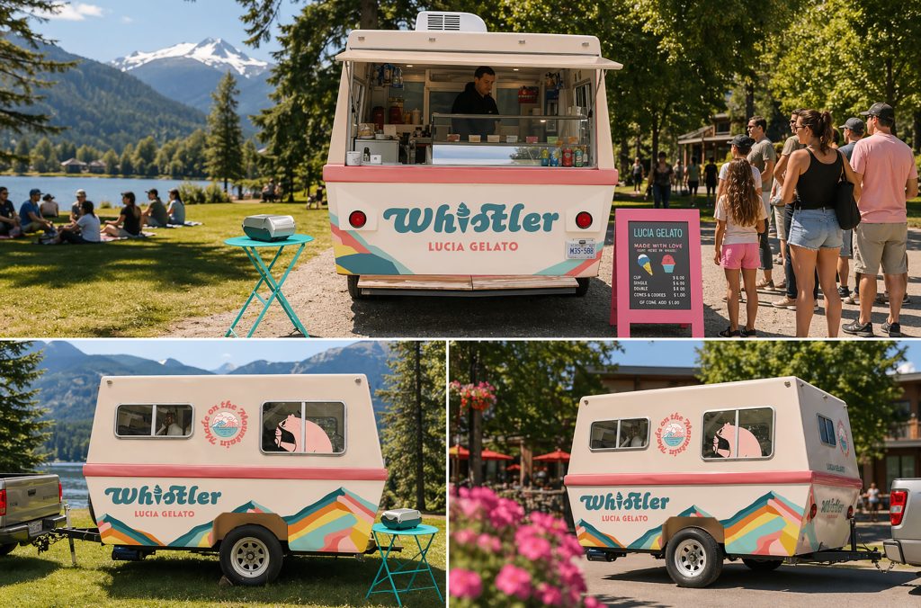 The retro-looking Lucia Gelato food truck sitting lakeside in the summer in Whistler.