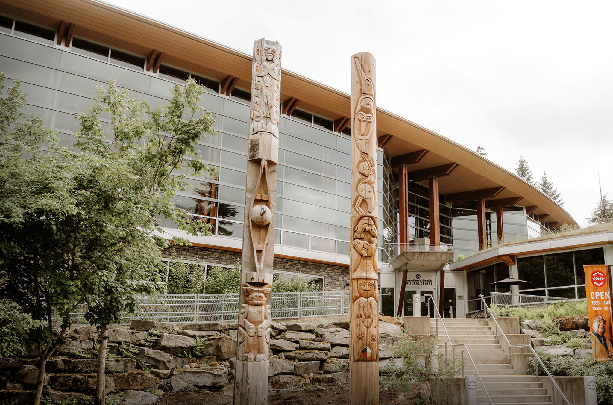 The Sister Poles outside the Squamish Lil'wat Cultural Centre.