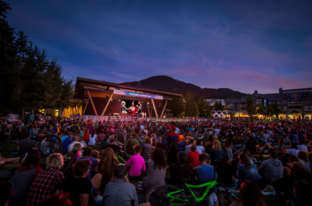 A huge crowd gathers in the evening at Whistler Olympic Park for Dirt Diaries.