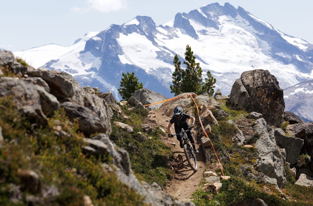 A mountain biker makes their way down Whistler Mountain as part of the Enduro competition during Crankworx Whistler.