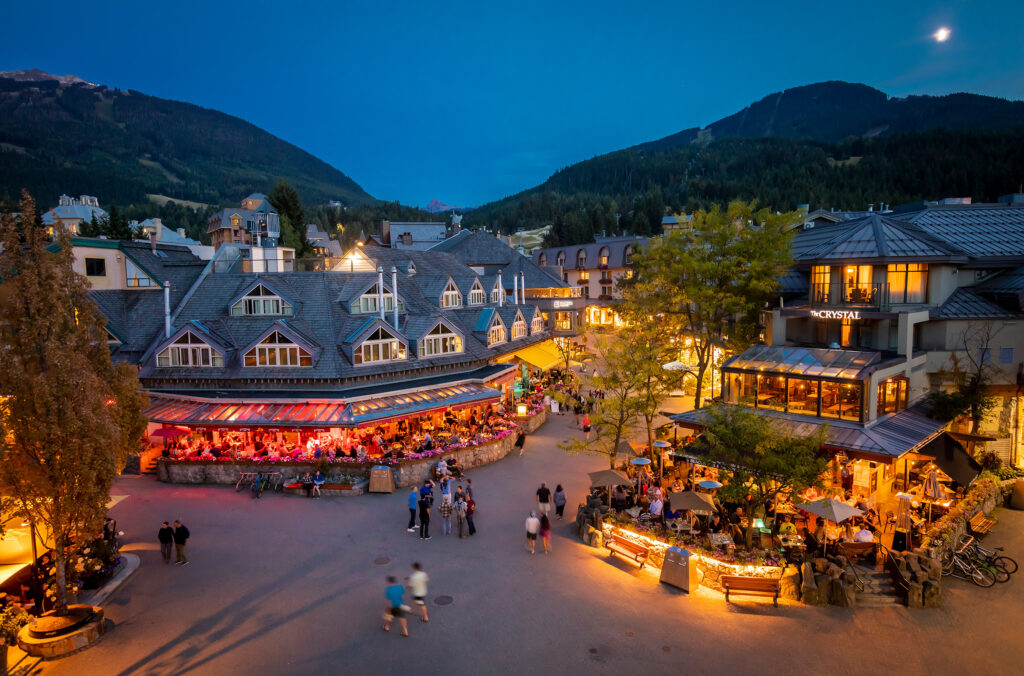Whistler Village glows in the evening light in the summer time.