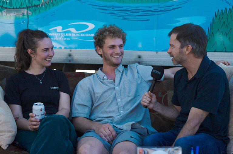 Mike interviews a couple at the Whistler Community Service Society's Birthday Bash.
