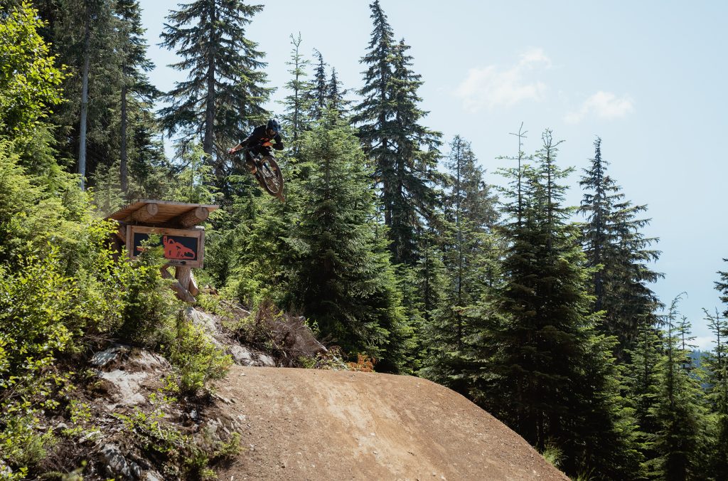 A mountain bike rider hits a jump on the pro 1199 trail.