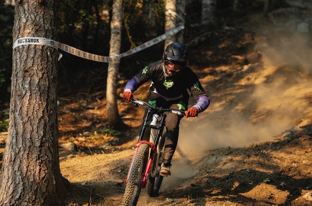 A mountain biker races down the 1199 trail on Whistler Blackcomb.