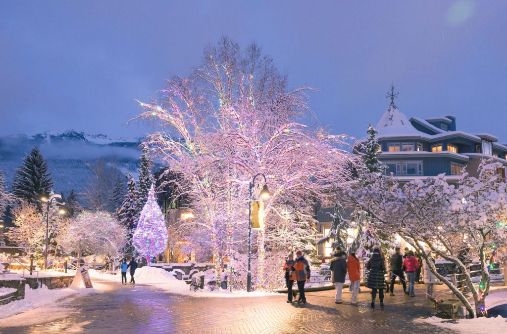 Trees are lit with thousands of bulbs during the winter months in Whistler Village.
