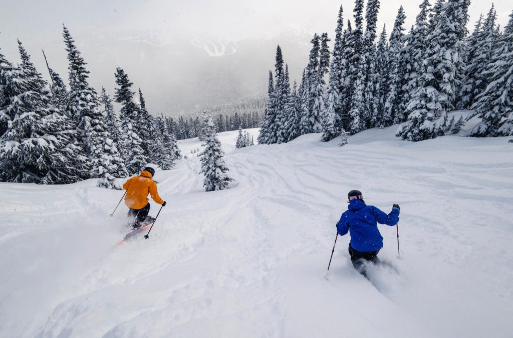 Two people skiing on Whistler Blackcomb enjoying the powder.
